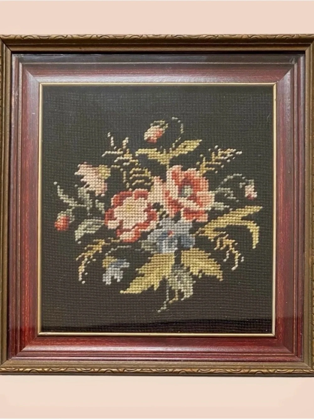 Antique Black Wool Floral Needlepoint Framed Art Panel Handmade Bouquet Flowers - Picture 2 of 10